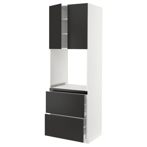 Modern white and black kitchen unit with drawers and cabinets, sleek design, high storage, stylish and functional.