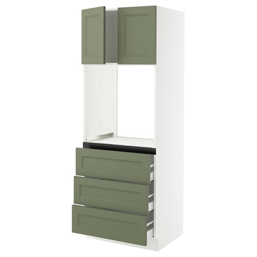 Green kitchen cabinet, SEKTION series, white and green colours, multiple drawers and shelves, modern design, 25-year guarantee.
