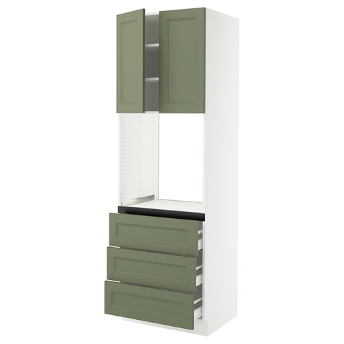 Green and white kitchen cabinet with drawers and open shelf.