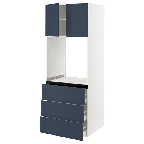 SEKTION kitchen unit in blue with white frame, combining modern and traditional styles.