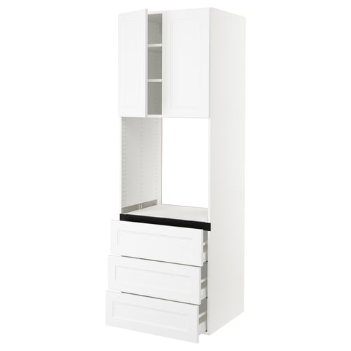 White SEKTION kitchen unit, tall with drawers, sleek modern design, wooden material.