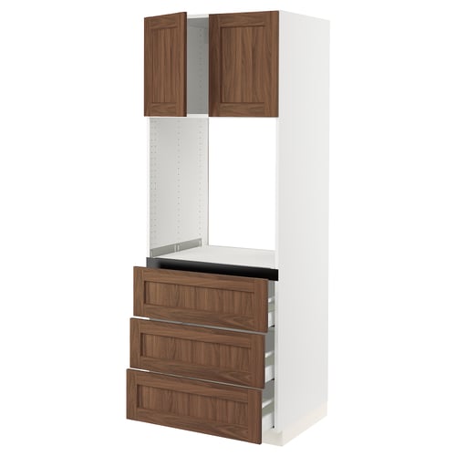 SEKTION kitchen unit with walnut doors, white cabinet, wooden drawers, and metal handles.