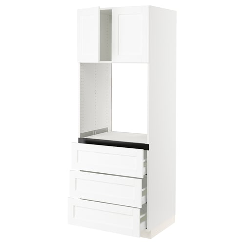 White SEKTION kitchen unit with drawers and shelves.