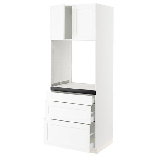 A sleek white modern kitchen unit with high storage cabinet and multiple drawers, designed by SEKTION.