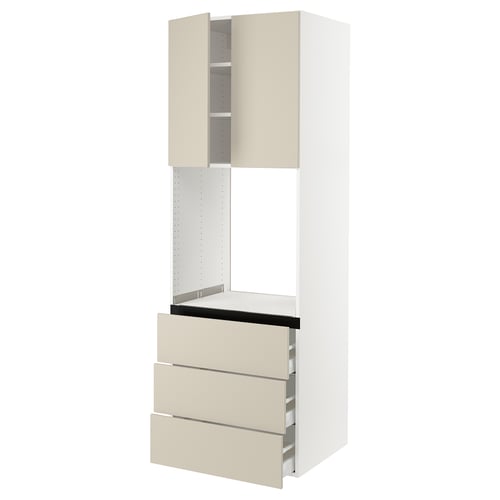 Beige SEKTION kitchen unit with 3 drawers, 1 open cabinet, and white framework.