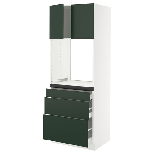 A modern white kitchen cabinet with green drawers and doors, part of the SEKTION system. It 3 drawers and 2 cabinet doors.
