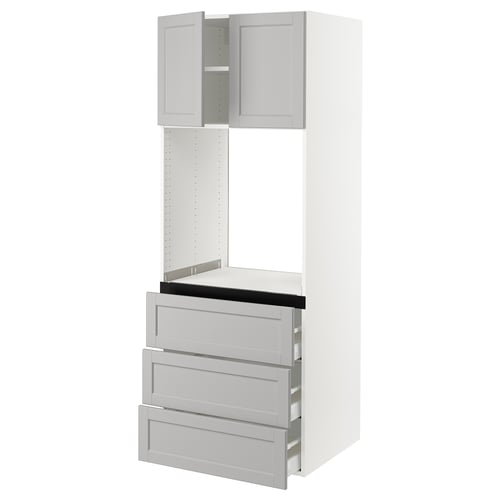 SEKTION light grey kitchen unit with grey lerhyttan fronts, three drawers, two shelves, wooden, clean, white background.