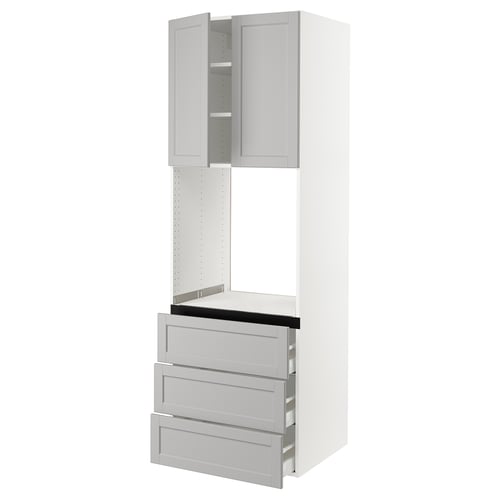 An ikea SEKTION kitchen unit in light grey with a traditional design, featuring multiple cabinets and drawers.