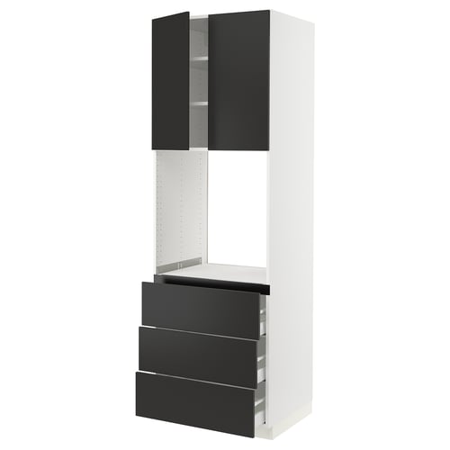 Ikea SEKTION kitchen cabinet in black and white, tall, modern, with drawers and shelves.