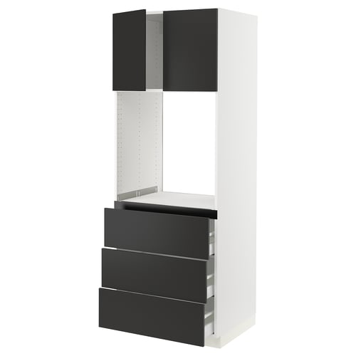 SEKTION kitchen unit, black and white, modern design, tall with drawers and shelves.