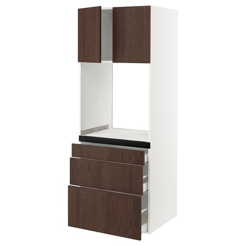 A SEKTION kitchen unit with dark brown woodgrain and white cabinet shell. It two overhead cabinets, three drawer units, and an open storage space.