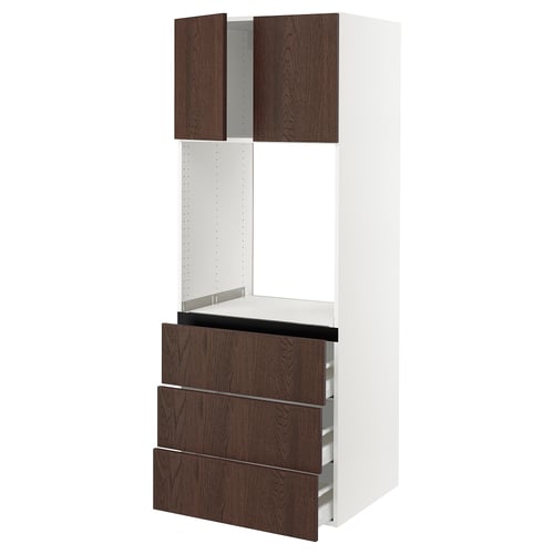 A white SEKTION kitchen cabinet with dark brown sinarp drawers and doors, featuring a sleek and modern design.