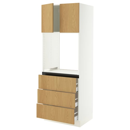 Modern wooden cabinet with three drawers and two upper doors.