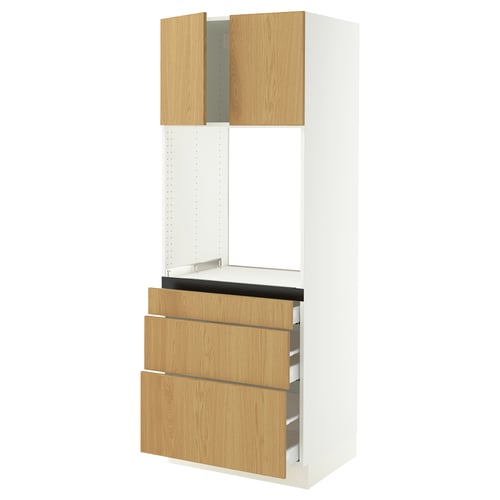 White SEKTION kitchen cabinet with oak doors, drawers, and open shelf.