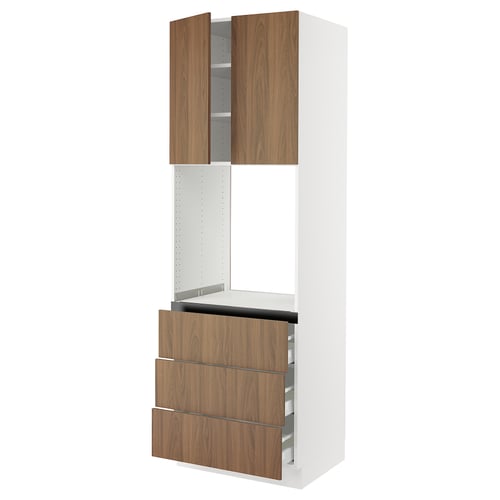 A modern white and walnut kitchen cabinet unit with drawers and open shelves.