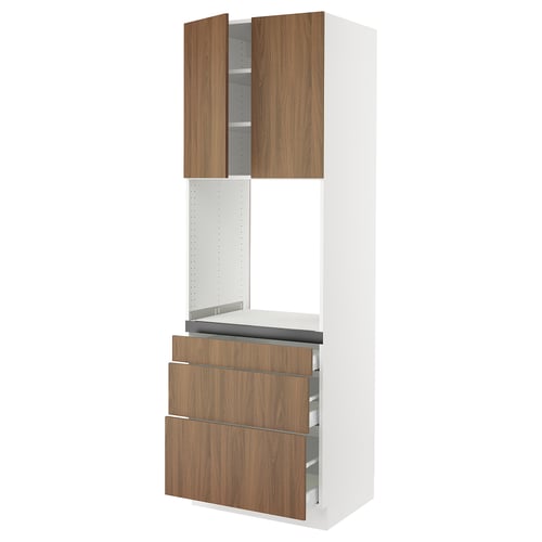 White SEKTION kitchen unit with walnut wooden drawers and doors.