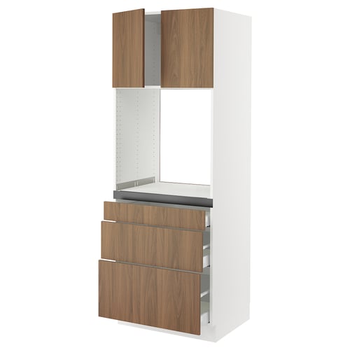 SEKTION white kitchen unit with walnut drawers and shelves.
