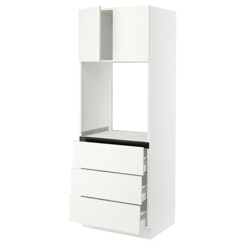 Ikea SEKTION kitchen cabinet, white, glossy finish, tall with drawers and shelves.