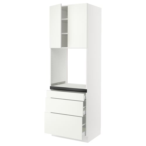 SEKTION kitchen unit in white. Tall cabinet with shelves and drawers. Modern minimalist design.