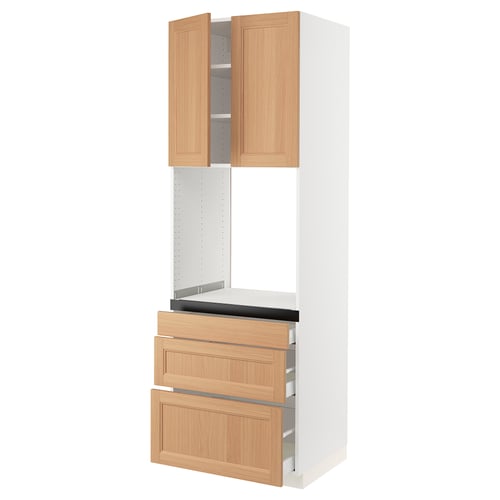White SEKTION kitchen cabinet with oak drawers and doors, vertical design.