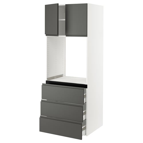 Modern kitchen unit: SEKTION. Dark grey drawers, sleek handles, white frame. Tall, slim, clean design.