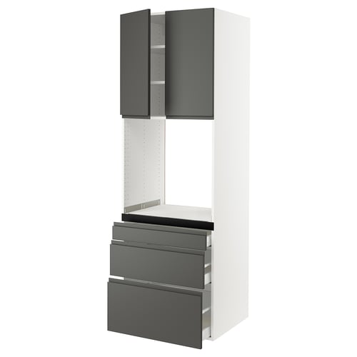 Modern kitchen cabinet in dark grey with three drawers and two wall-mounted doors, sleek handles, and white interior shelving.