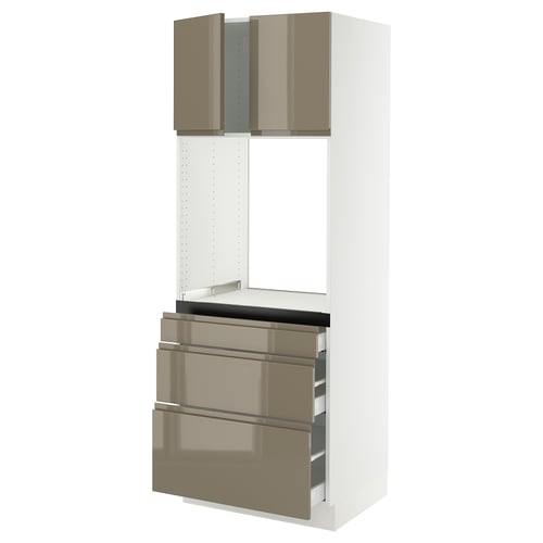 White kitchen unit with high-gloss dark grey-brown drawers and doors.