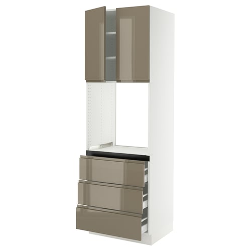 Modern kitchen cabinet in high gloss dark grey-brown with metal handles and multiple compartments.