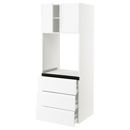SEKTION white kitchen unit with three drawers and upper cabinets, minimalist design.