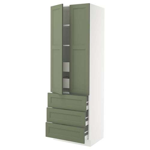 Ikea SEKTION kitchen unit in green with drawers and shelves.