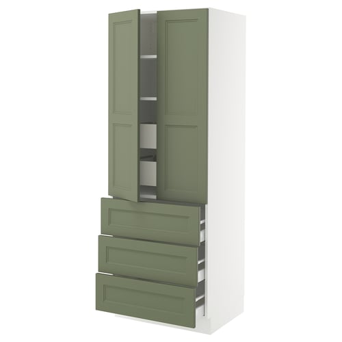 Green ikea SEKTION kitchen cabinet with 3 drawers & 2 open shelves.