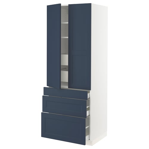SEKTION kitchen unit in blue with white frame, featuring two doors and three drawers. Modern timeless design.