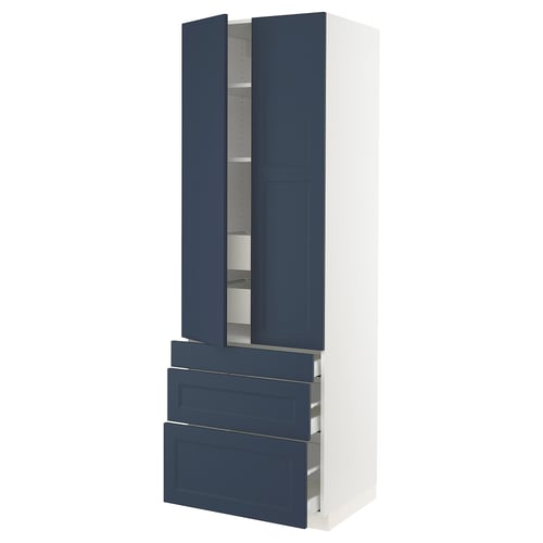 A blue SEKTION kitchen cabinet with two doors and three drawers.