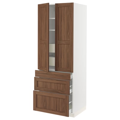 SEKTION / MAXIMERA High cab w 2 drs/3 fronts/5 drawers, white Enköping/brown walnut effect, 30x24x80 "