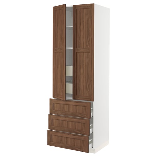 Ikea SEKTION kitchen cabinet, white with walnut doors, tall, wooden grain.