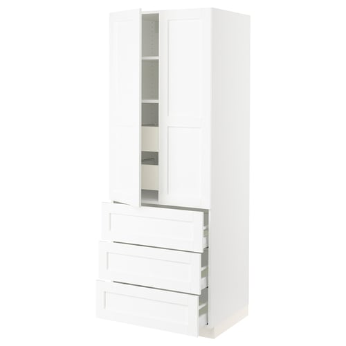 White SEKTION kitchen cabinet with drawers and shelves.