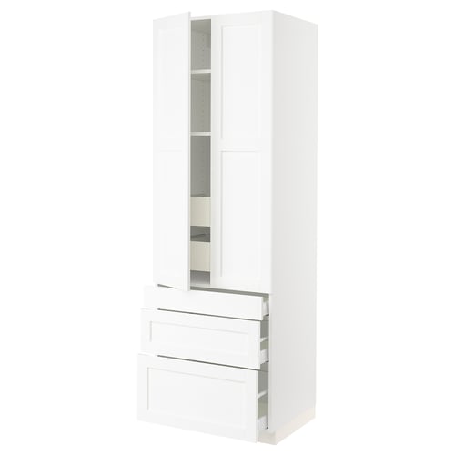 A white SEKTION kitchen cabinet with doors and drawers. It a modern design with a sleek finish.