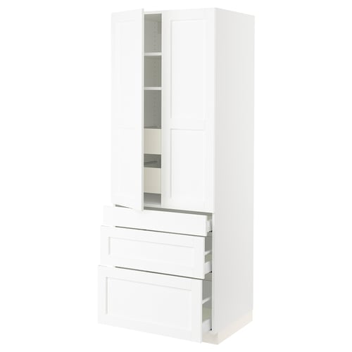 White ikea SEKTION kitchen cabinet with drawers and shelves.