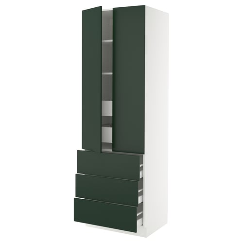 SEKTION kitchen unit in green with drawers and shelves.