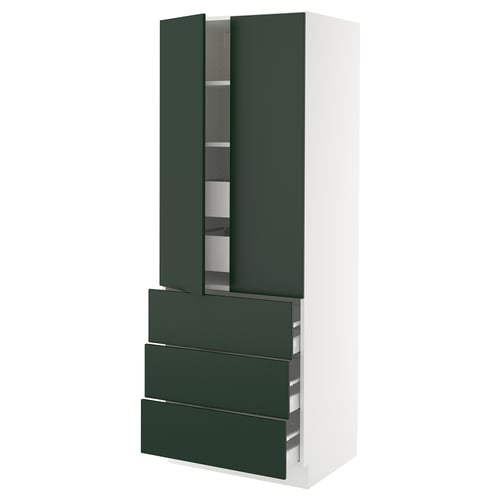 An ikea SEKTION kitchen cabinet with green havstorp doors, featuring multiple drawers and adjustable shelves.