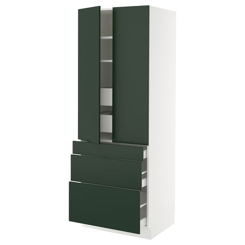 Green and white kitchen cabinet. Tall, two doors, two drawers, adjustable shelves.