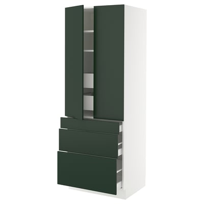 Green and white kitchen cabinet. Tall, two doors, two drawers, adjustable shelves.