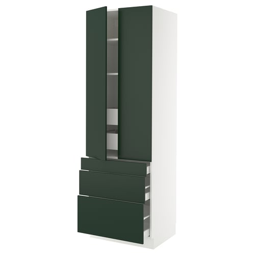 Displays a tall green kitchen cabinet with two doors and three drawers, designed by IKEAs SEKTION system.