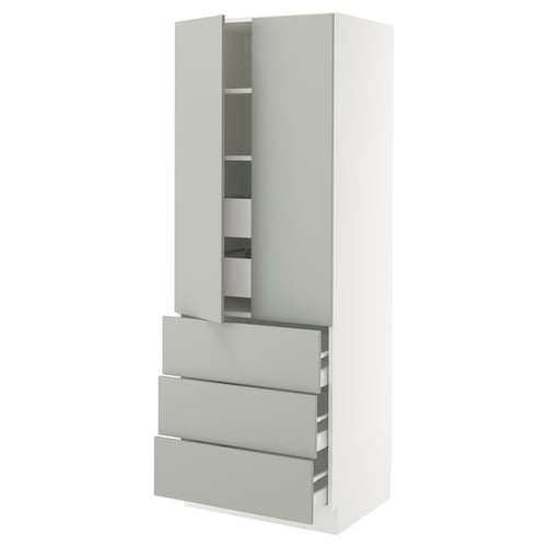 SEKTION kitchen cabinet, white-gray, modern style, light grey doors, adjustable shelves, smooth drawers.