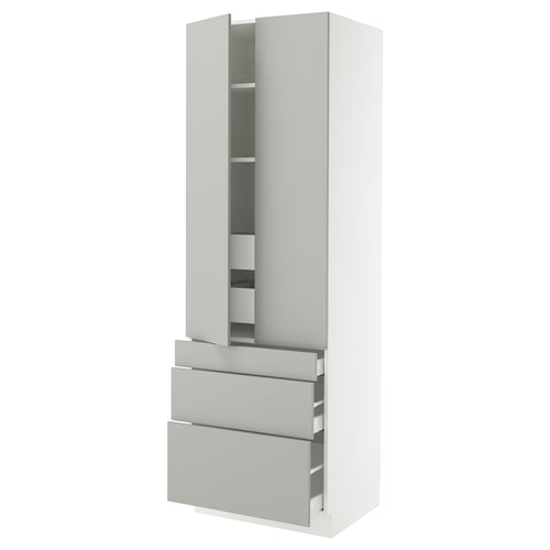 SEKTION kitchen unit, light grey. Tall cabinet with adjustable shelves and drawers, sleek modern design.