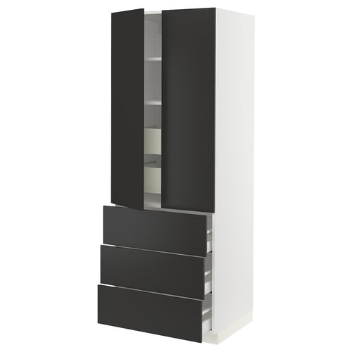 Modern black kitchen cabinet with three drawers and one open door.