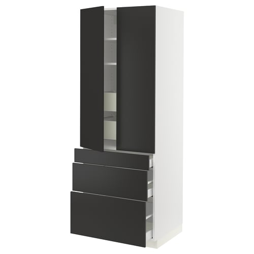 SEKTION modular kitchen unit, white & black. Three drawers, two doors, integrated shelves, and adjustable, soft-closing mechanisms.