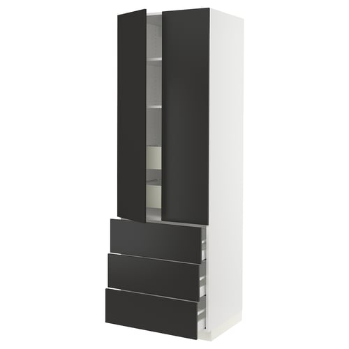 SEKTION kitchen unit in black and white, tall design with drawers and shelves, modern and stylish.