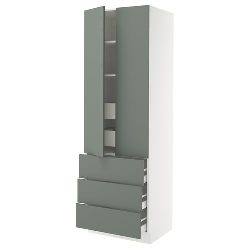 SEKTION modern kitchen cabinet in grey-green with adjustable shelves and soft-close drawers.