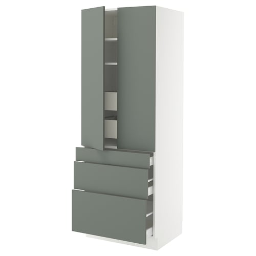 SEKTION kitchen unit in grey-green with white frame, featuring drawers and adjustable shelves.